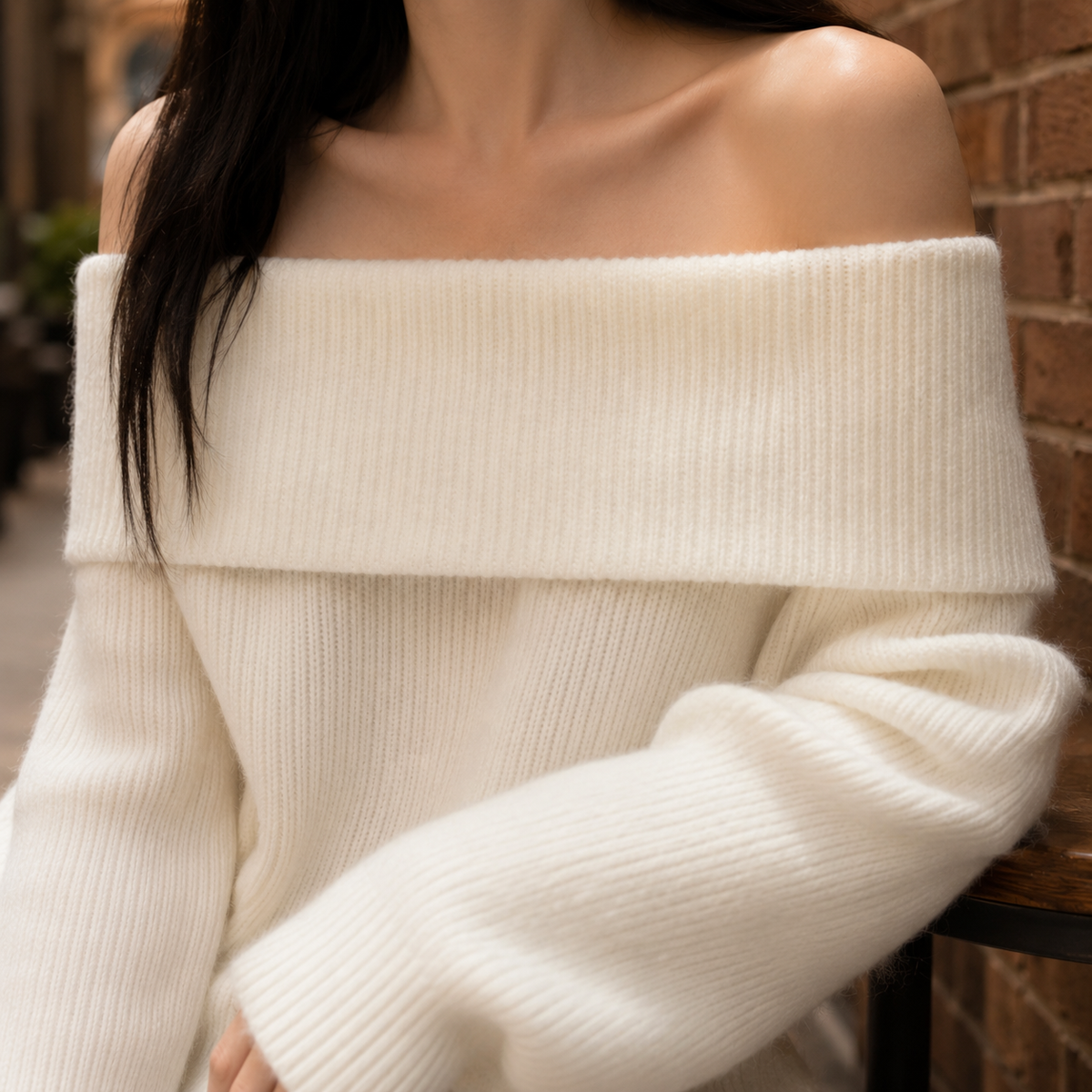 Damen Oversize Off-Shoulder Pullover mit voluminösen Ärmeln