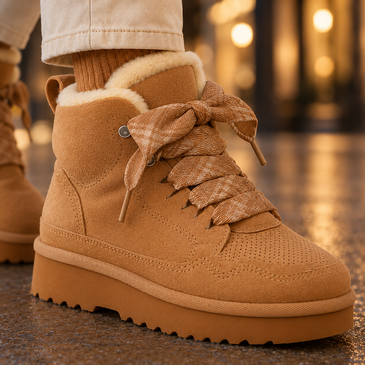 Damen Winterstiefel Wildleder-Optik mit Plattformsohle und breiten Bändern