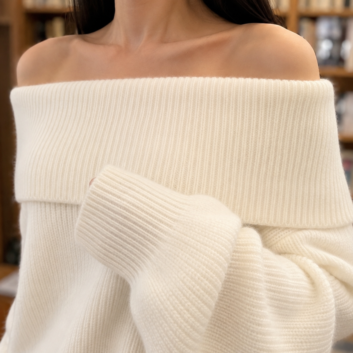 Damen Off-Shoulder Pullover Relaxed Fit mit langen Ärmeln