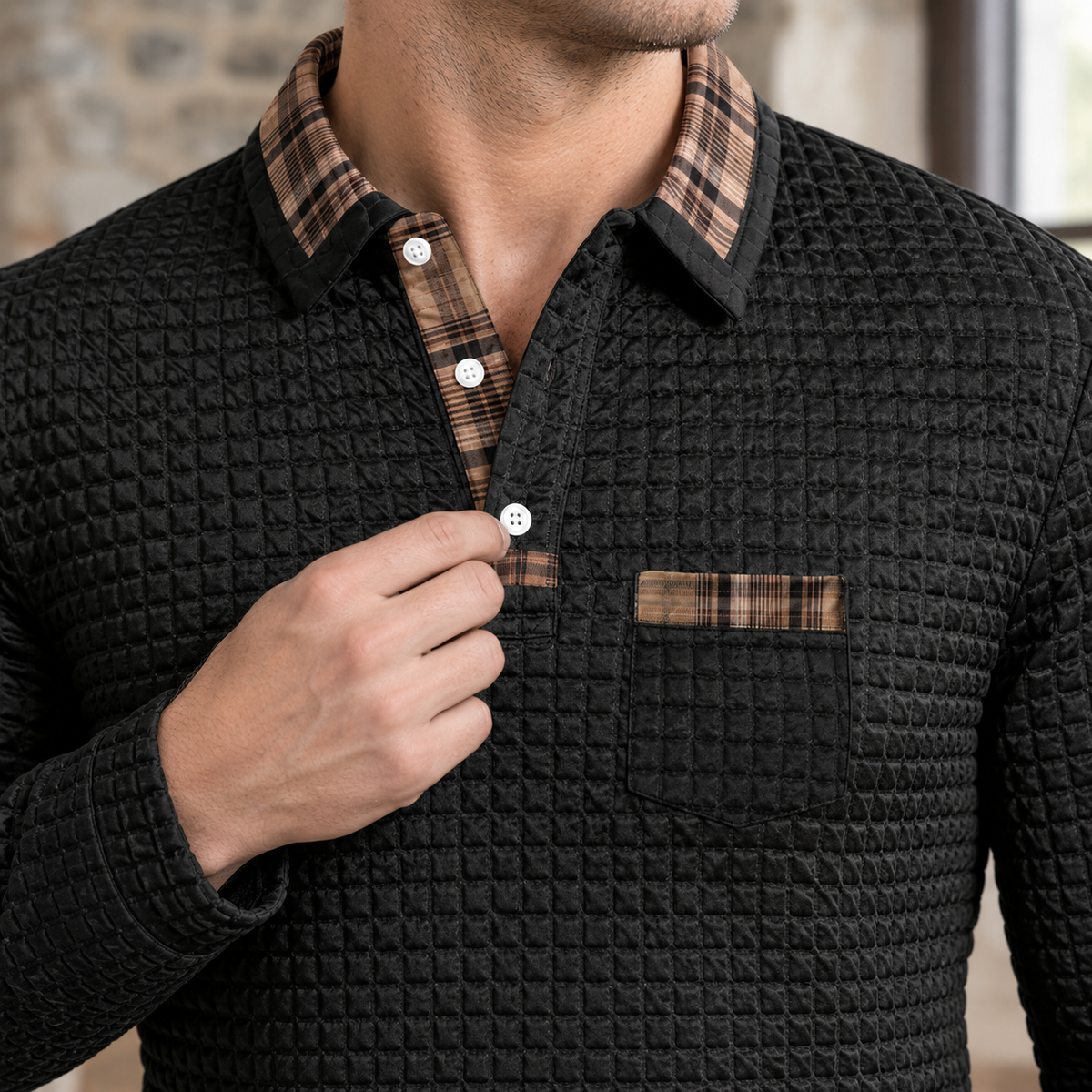 Herren Slim Fit Langarm-Poloshirt Freizeit kariert