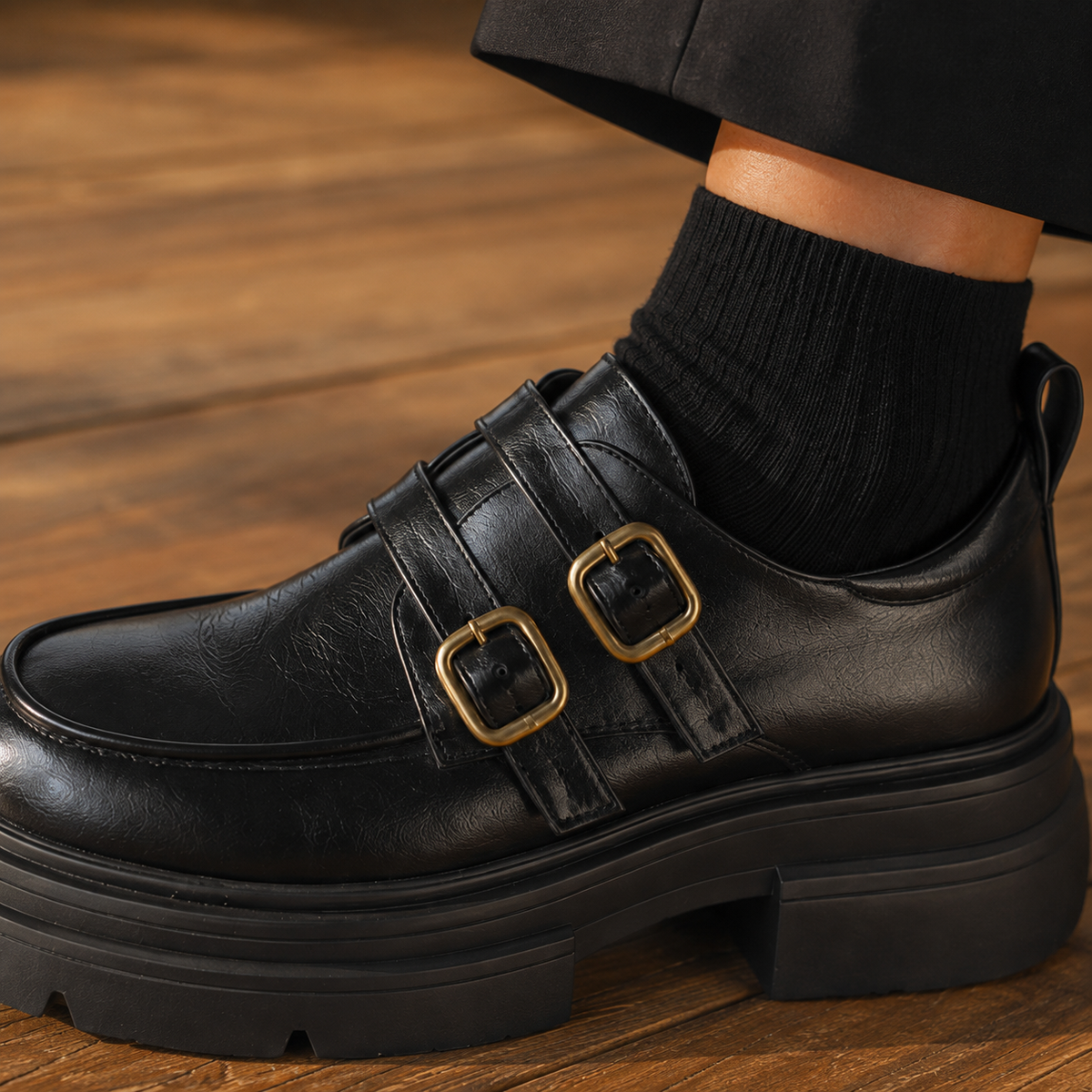 Damen Doppel-Monk-Schuhe mit Plattformsohle und Blockabsatz