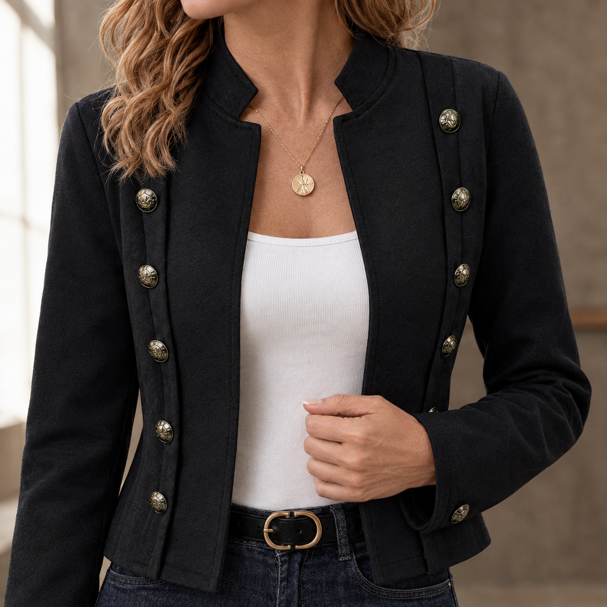 Damen Slim Fit Militärjacke Freizeit mit Stehkragen