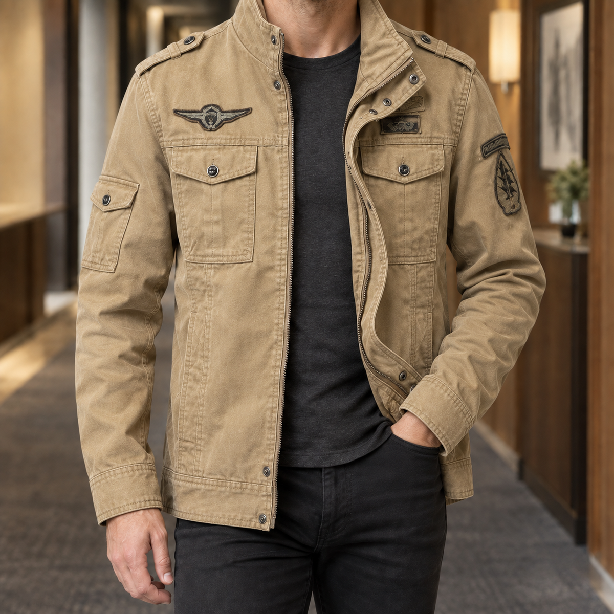 Herren Militärjacke Regular Fit Freizeit Utility-Look