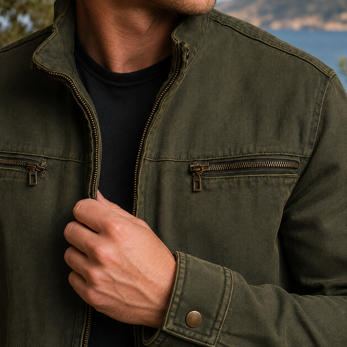 Herren Militärjacke Regular Fit mit Reißverschluss und Stehkragen