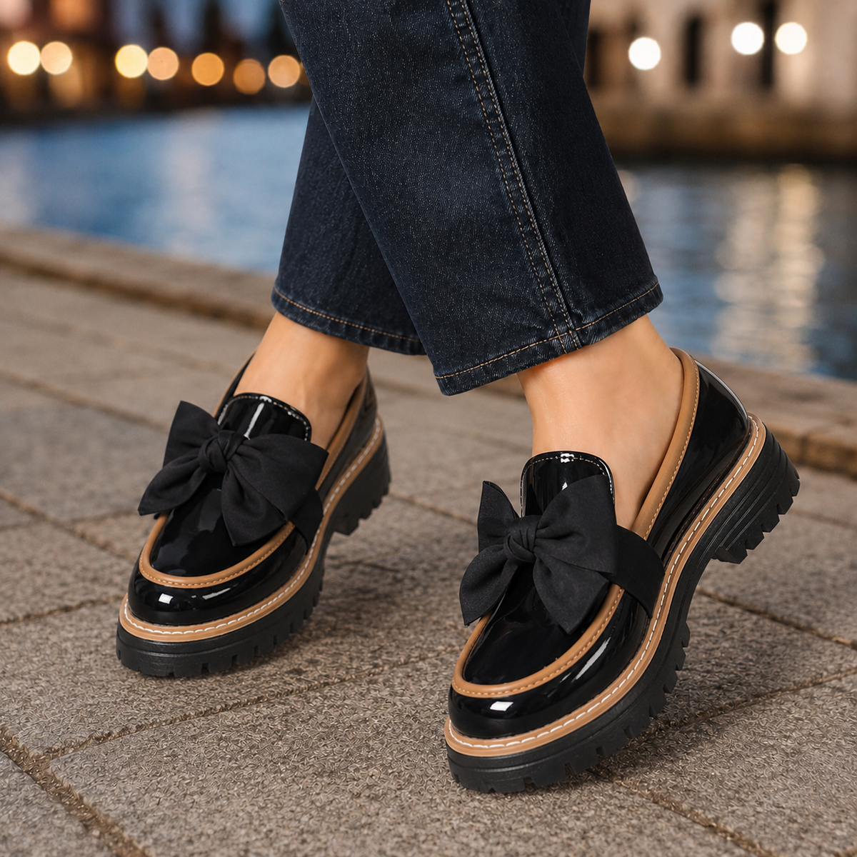 Damen Loafers mit übergroßer Schleife und Profilsohle