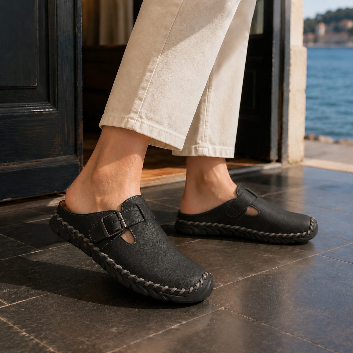 Damen Mules mit verstellbarem Schnallenriemen und rundem Zehenbereich