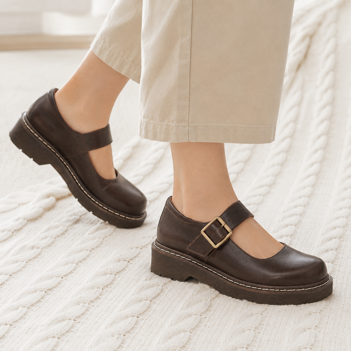 Damen Plateau Mary Janes mit Schnallenriemen und quadratischem Blockabsatz