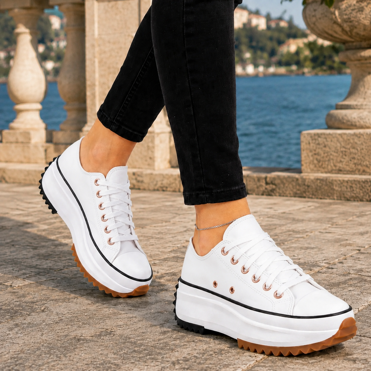 Damen Plateau Sneaker Low-Top Retro mit Kontrast-Zehenkappe