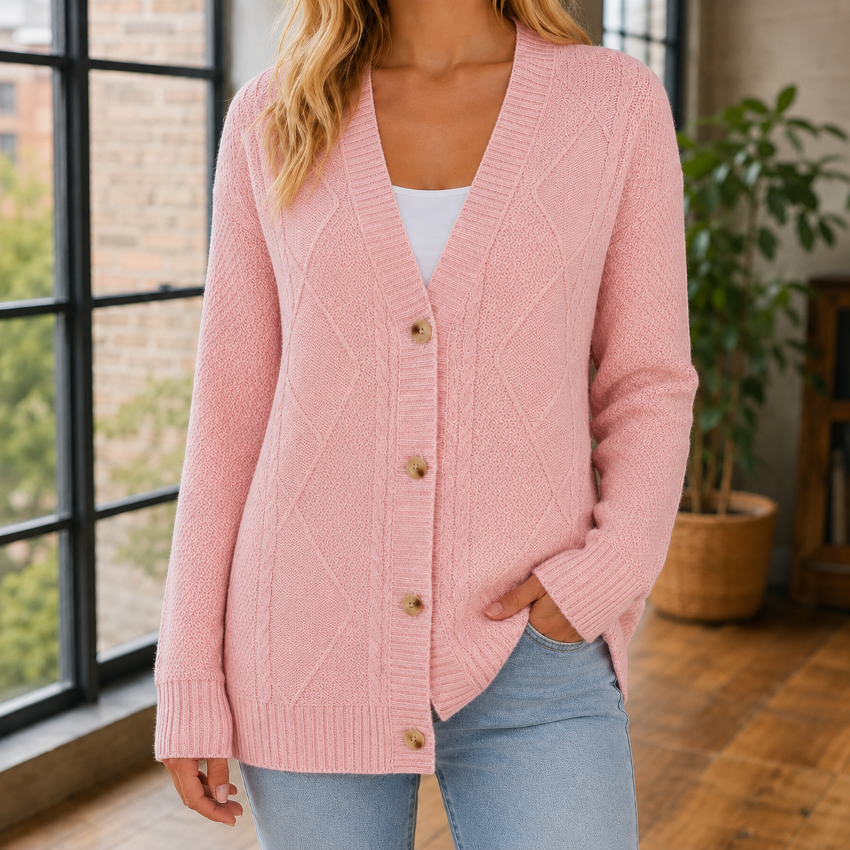 Damen Kabelstrickpullover Oversize mit V-Ausschnitt und Knopfleiste