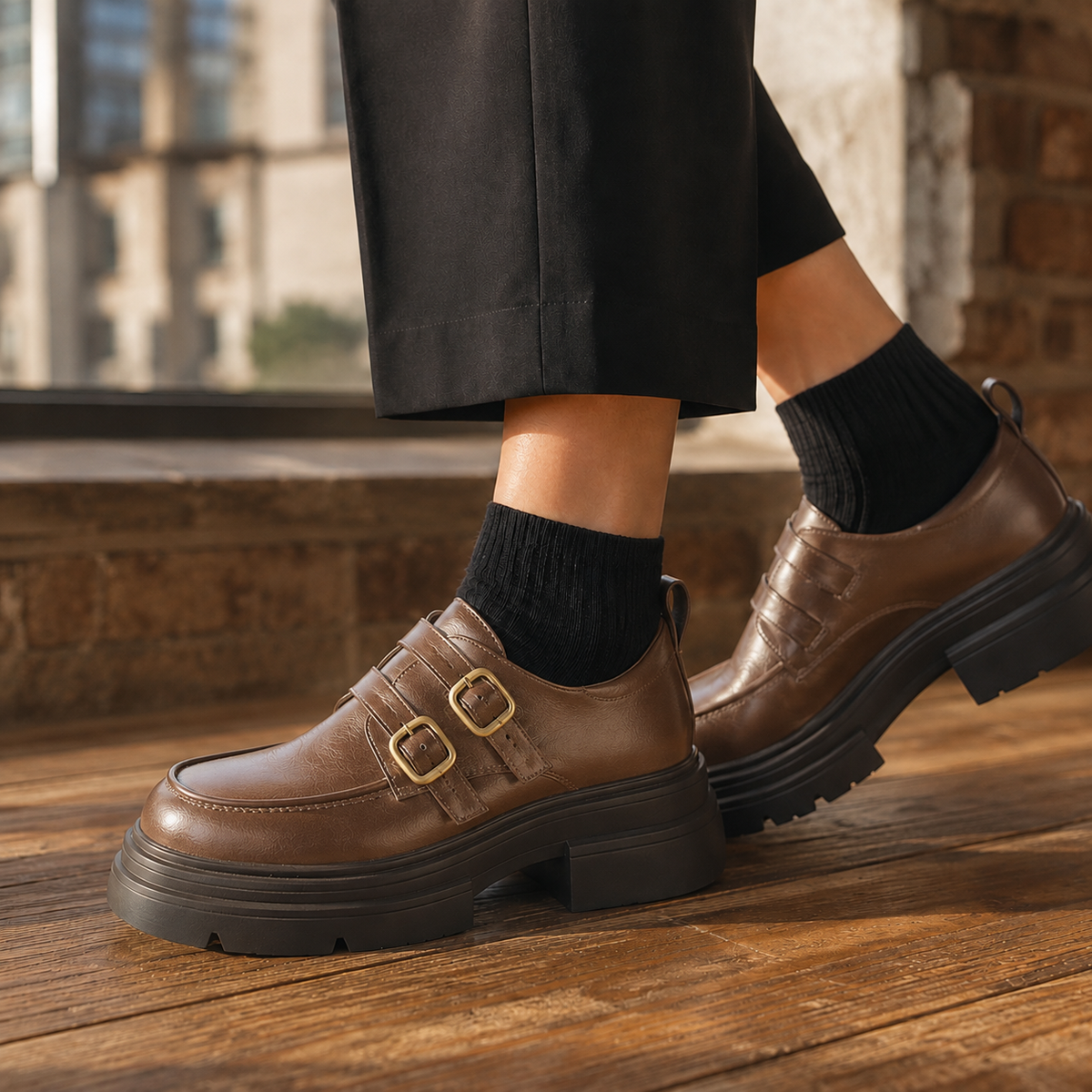 Damen Doppel-Monk-Schuhe mit Plattformsohle und Blockabsatz