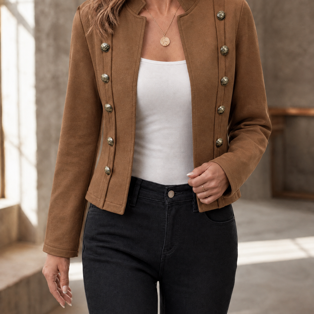Damen Slim Fit Militärjacke Freizeit mit Stehkragen