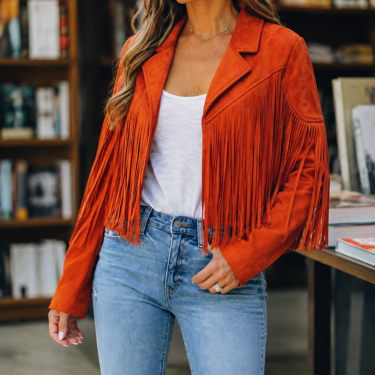 Damen Fransenjacke Regular Fit Casual mit Reverskragen
