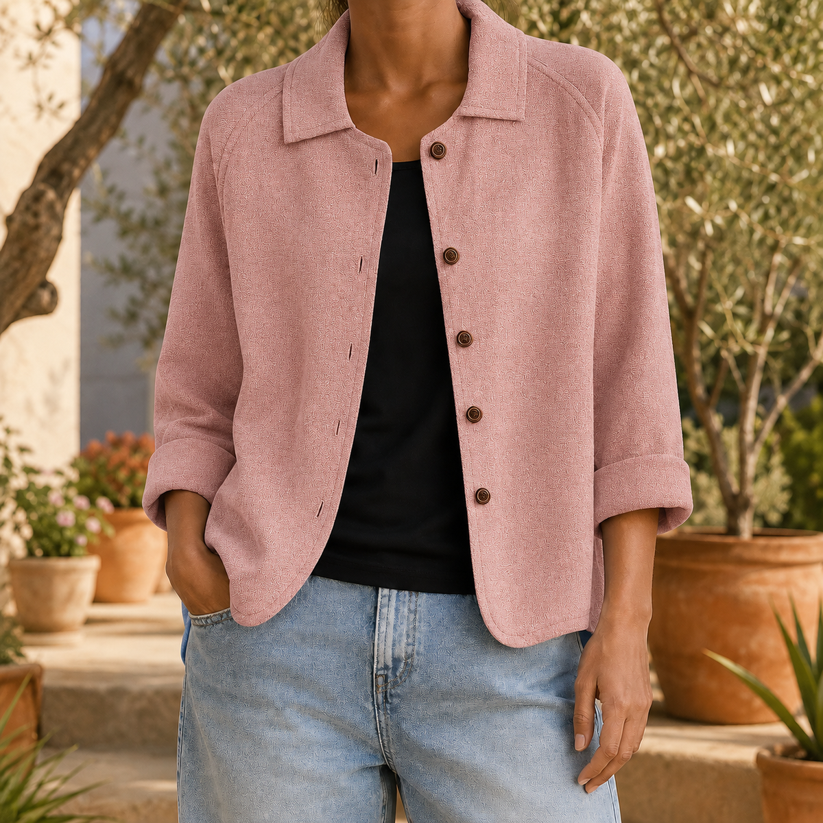 Damen Kragenpullover Relaxed Fit mit Dreiviertelärmeln und Knopfleiste