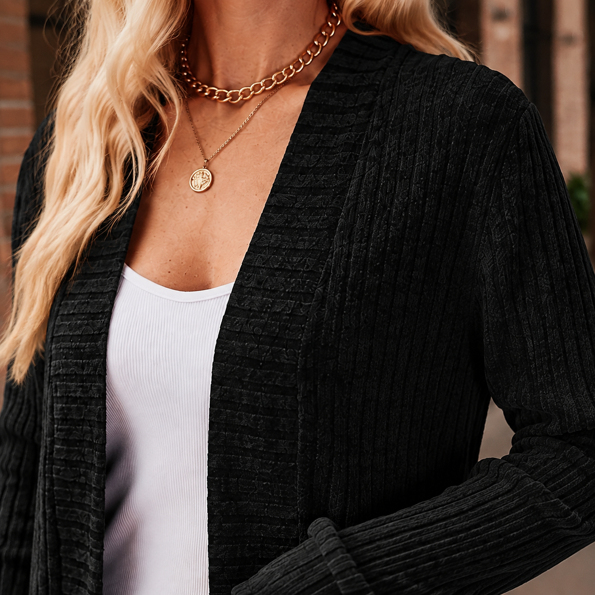 Damen Rippstrick-Cardigan Relaxed Fit mit offener Front und Taschen