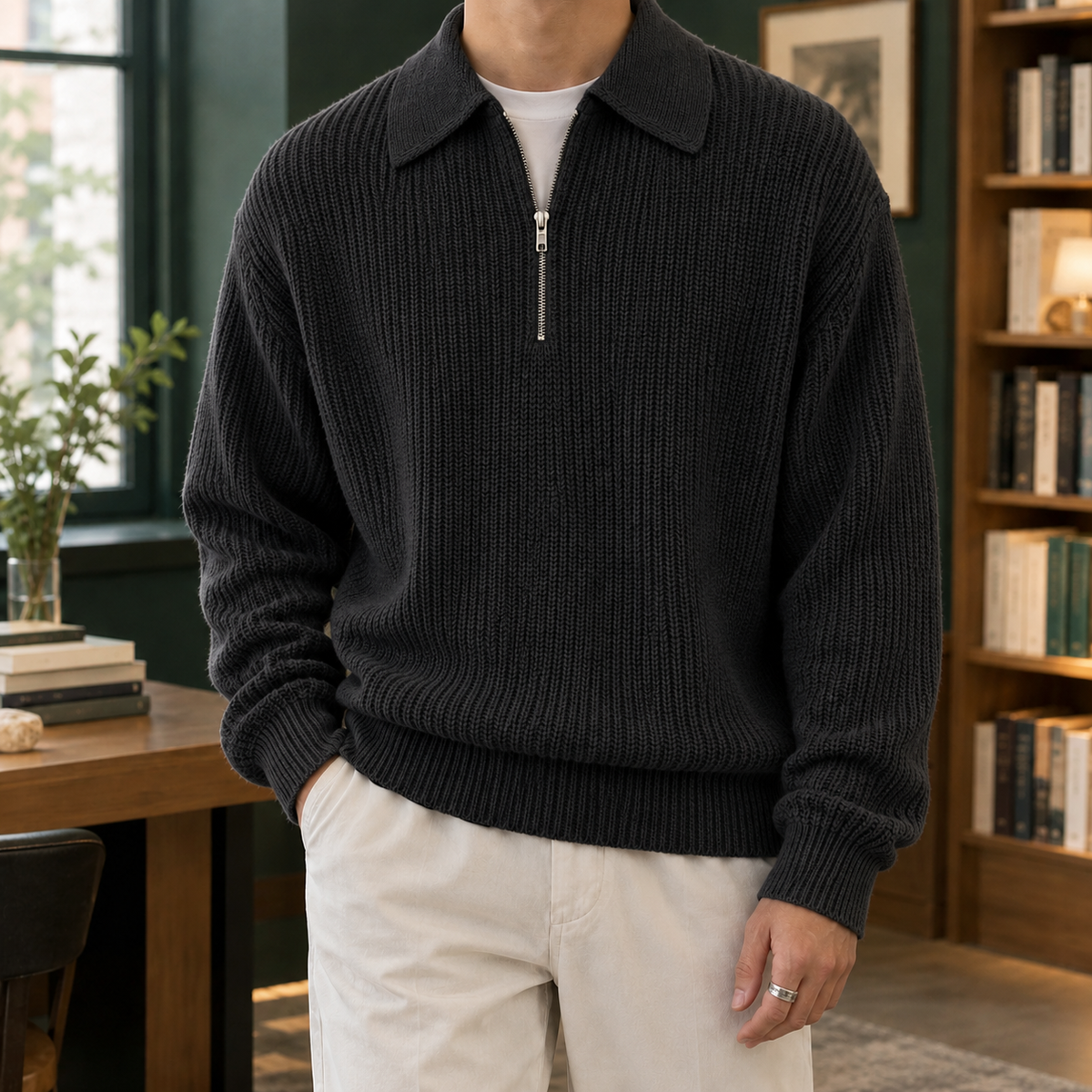 Herren Quarter Zip Pullover Relaxed Fit Freizeit
