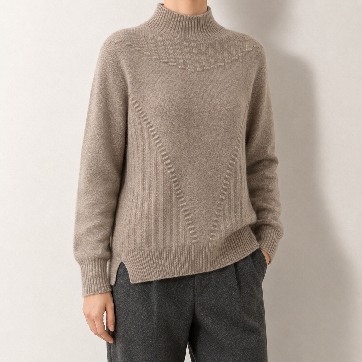 Damen Strickpullover Regular Fit mit Mock-Neck und Kettenstich-Muster