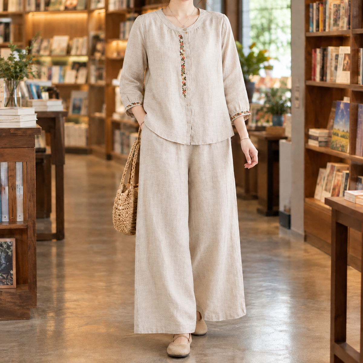 Damen Zweiteiler Relaxed Fit Freizeit mit Blumenstickerei