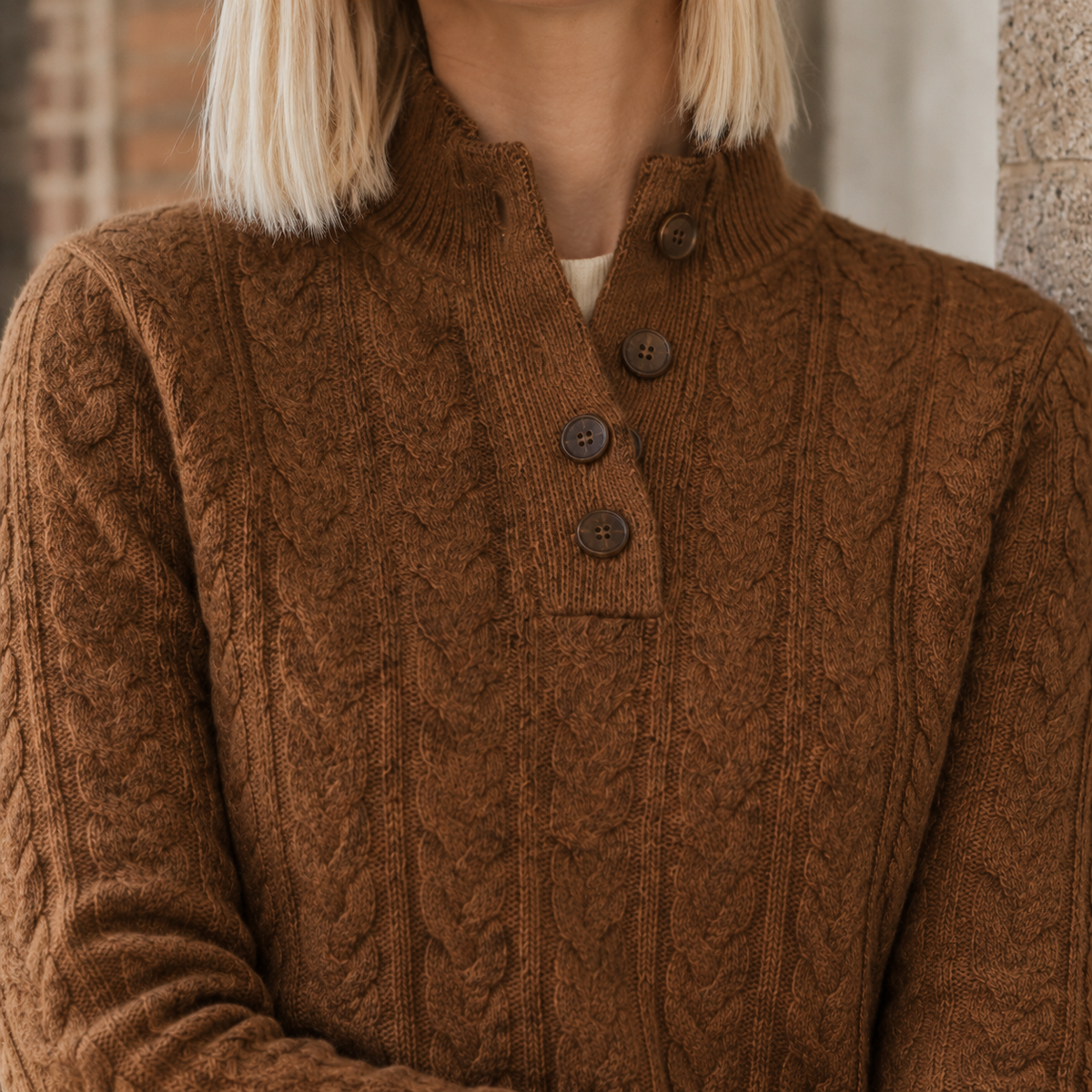 Damen Pullover Slim Fit mit Kabelstrick und Knopfleiste