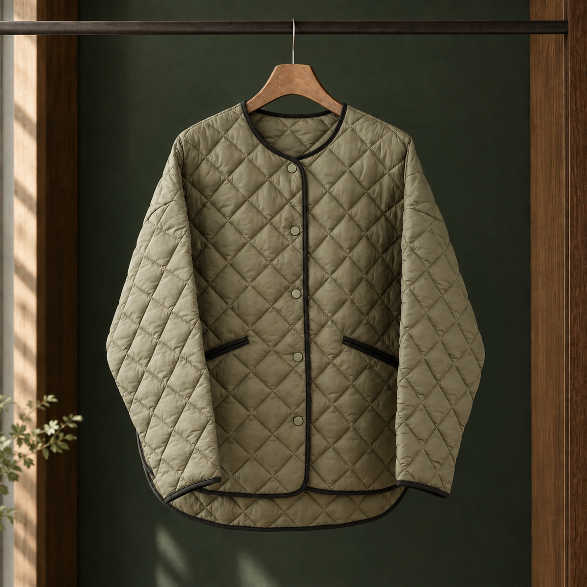 Damen Steppjacke Relaxed Fit Casual ohne Kragen mit Druckknöpfen