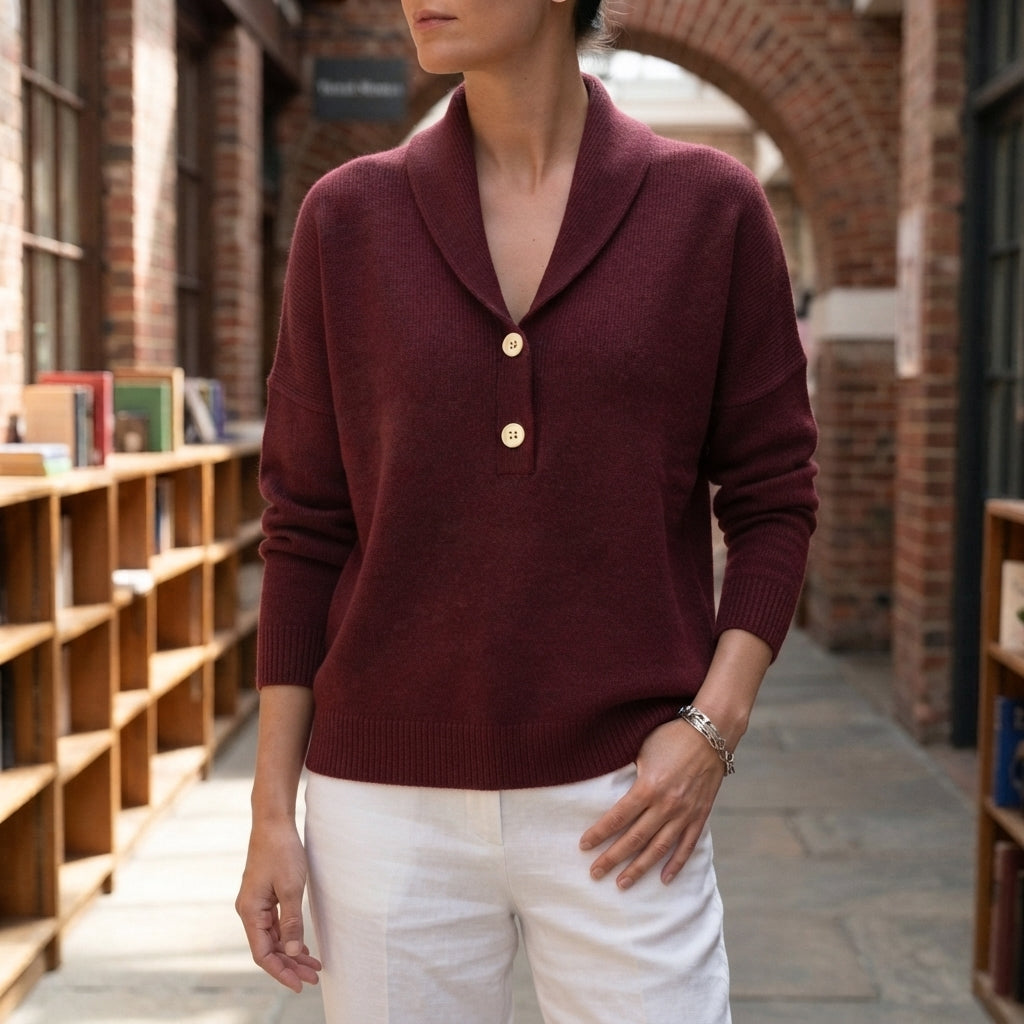 Damen Schalkragenpullover Relaxed Fit mit Halbknopfleiste