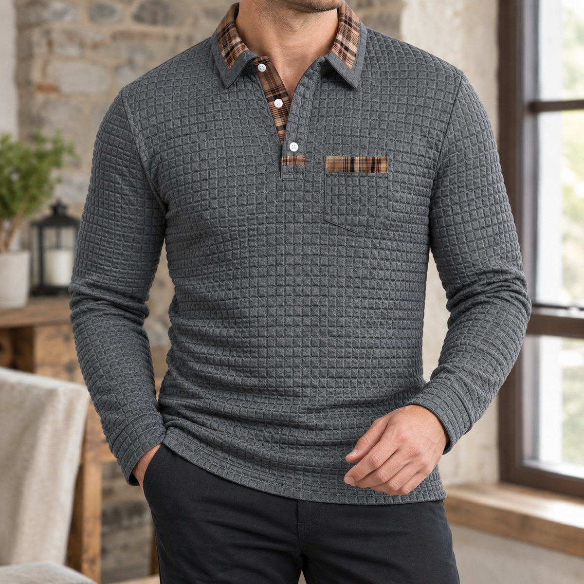 Herren Slim Fit Langarm-Poloshirt Freizeit kariert