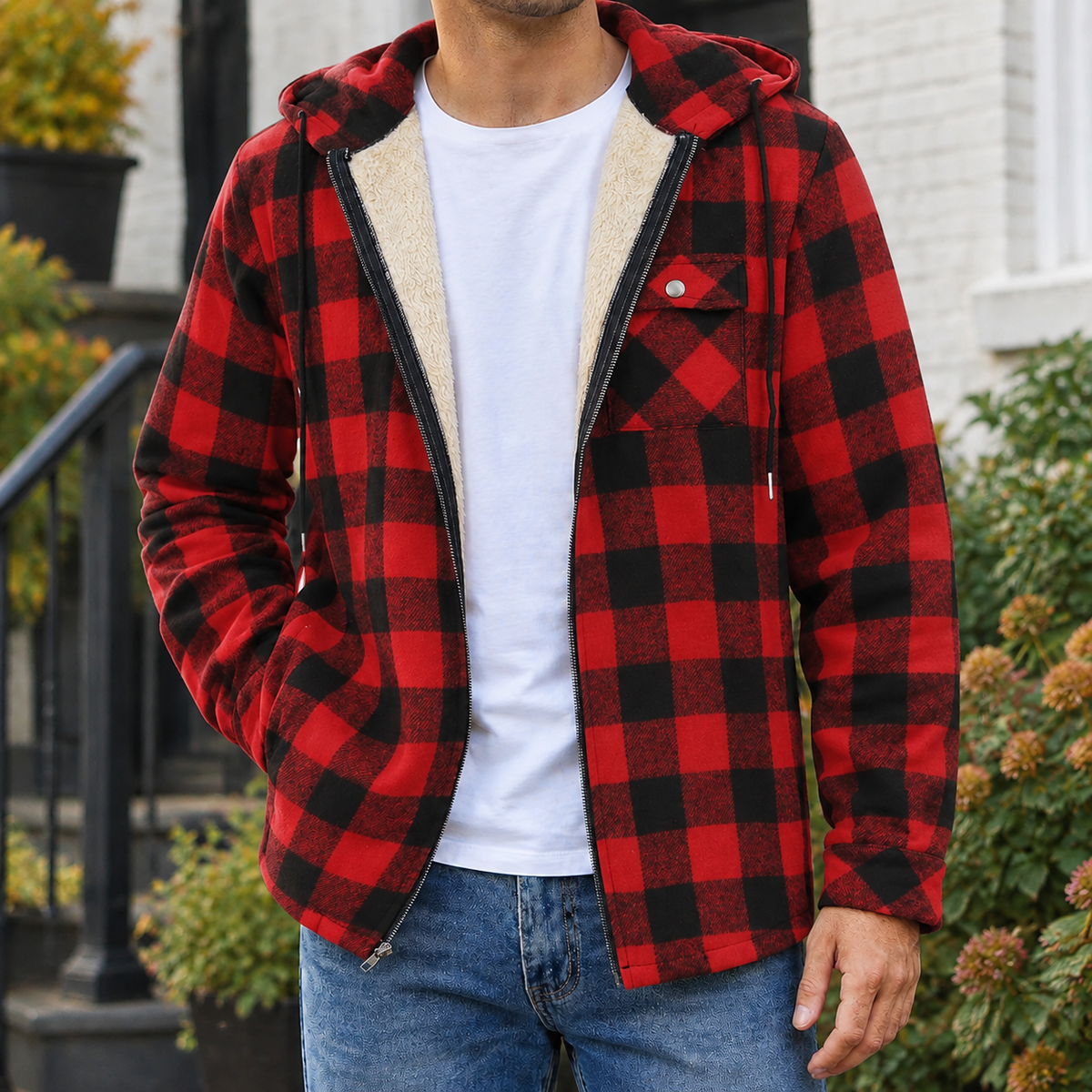 Herren Karojacke Regular Fit Freizeit mit Kapuze und Reißverschluss