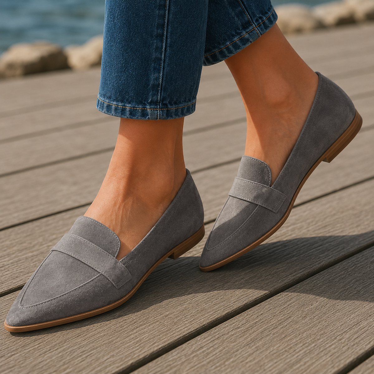 Damen Slipper Spitz mit Penny-Riemen und niedrigem Absatz