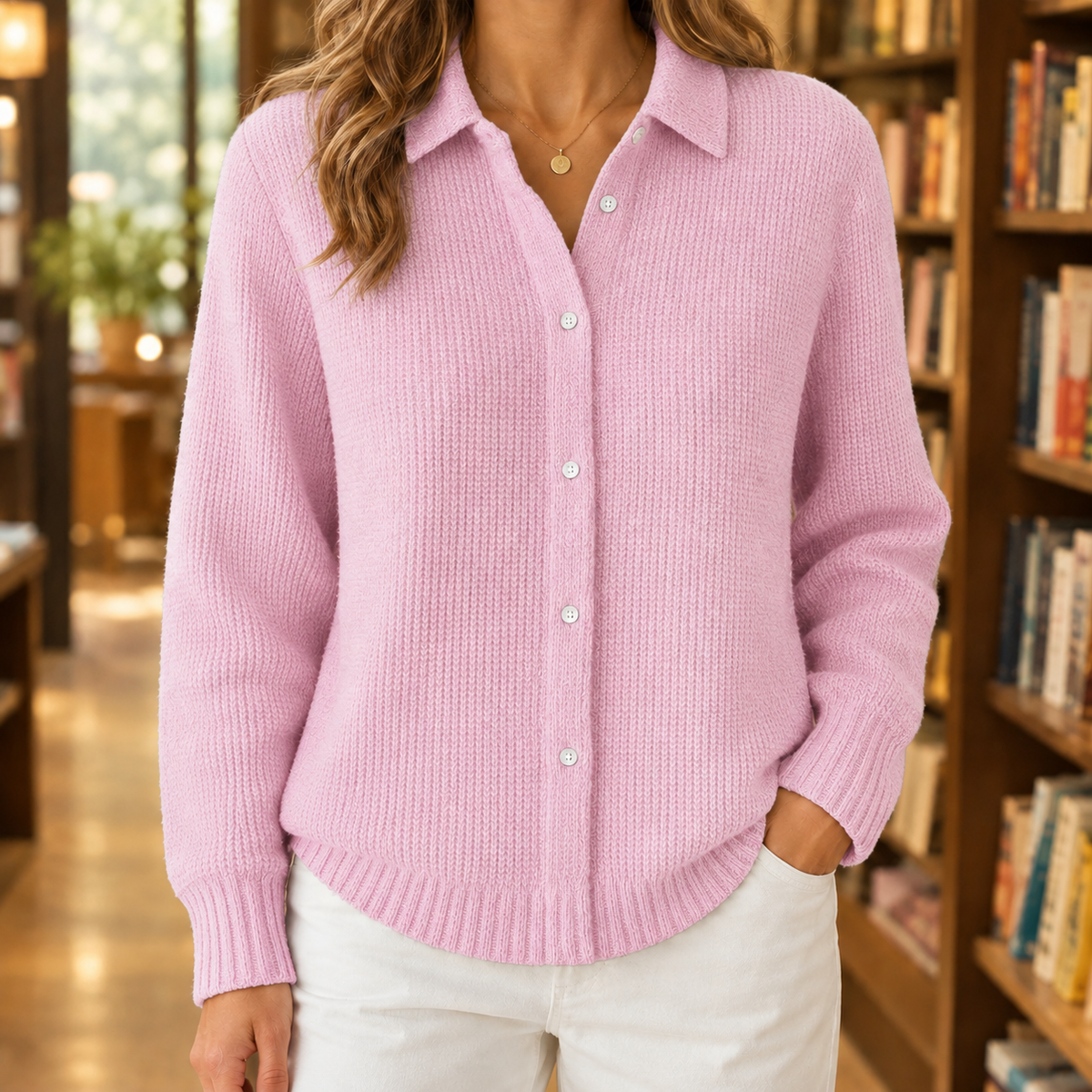 Damen Kragenpullover Regular Fit mit Knopfleiste und Rippbündchen