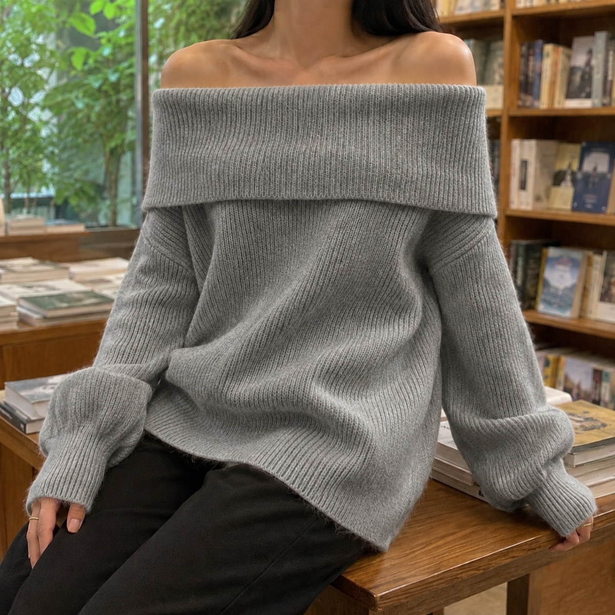 Damen Off-Shoulder Pullover Relaxed Fit mit langen Ärmeln
