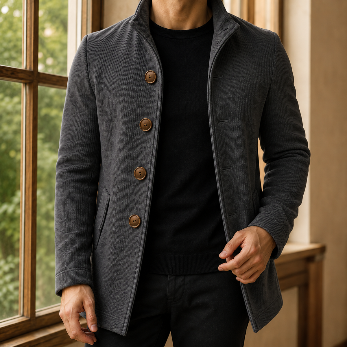 Herren Mantel Slim Fit mit Mehrknopfverschluss und Stehkragen