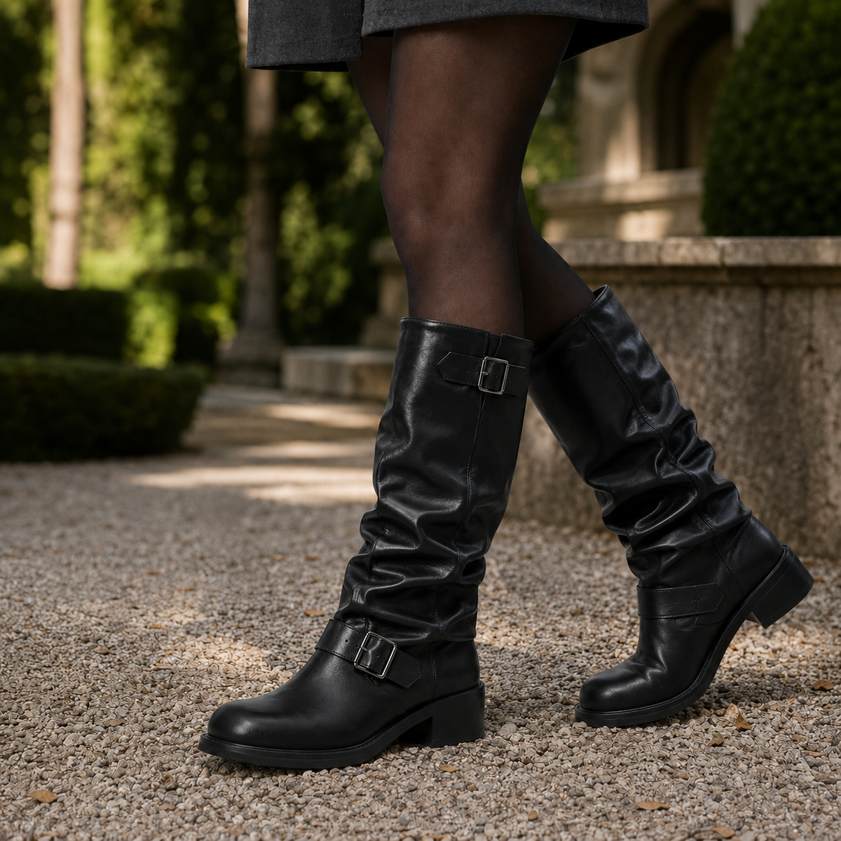 Damen Biker Boots Kniehoch mit doppelten Schnallen