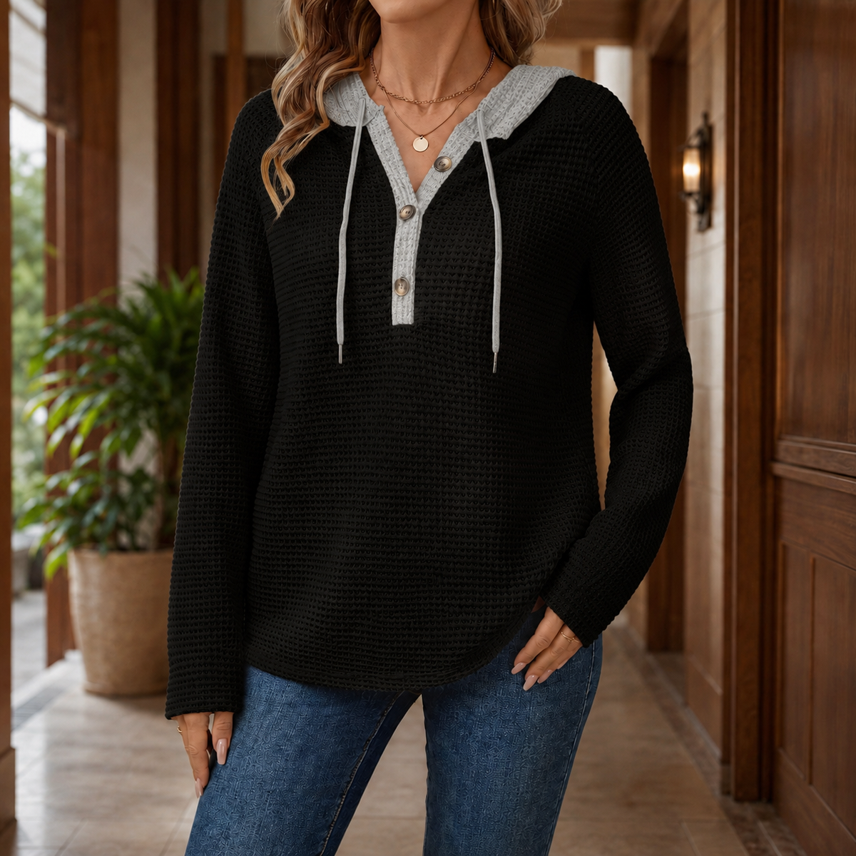 Damen Waffelstrickpullover Relaxed Fit mit Kapuze und Knopfleiste