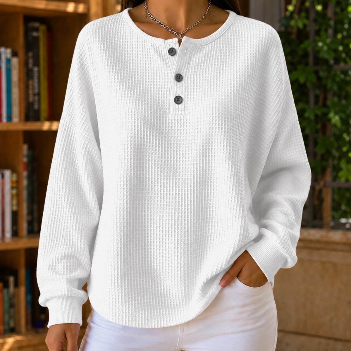 Damen Waffelpullover Oversize mit Henley-Ausschnitt