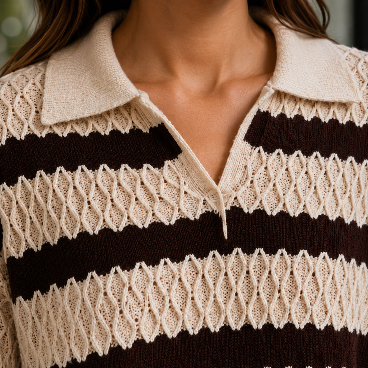 Damen Texturierter Pullover Relaxed Fit mit Polokragen und Streifenmuster