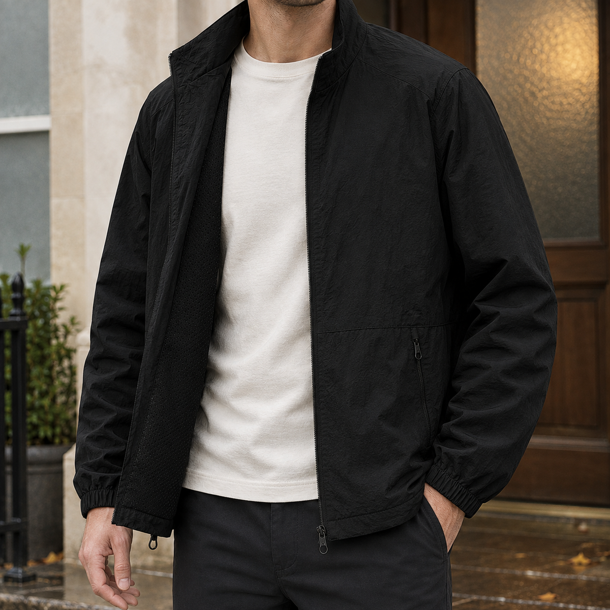 Stehkragenjacke Herren Regular Fit Freizeit leicht atmungsaktiv