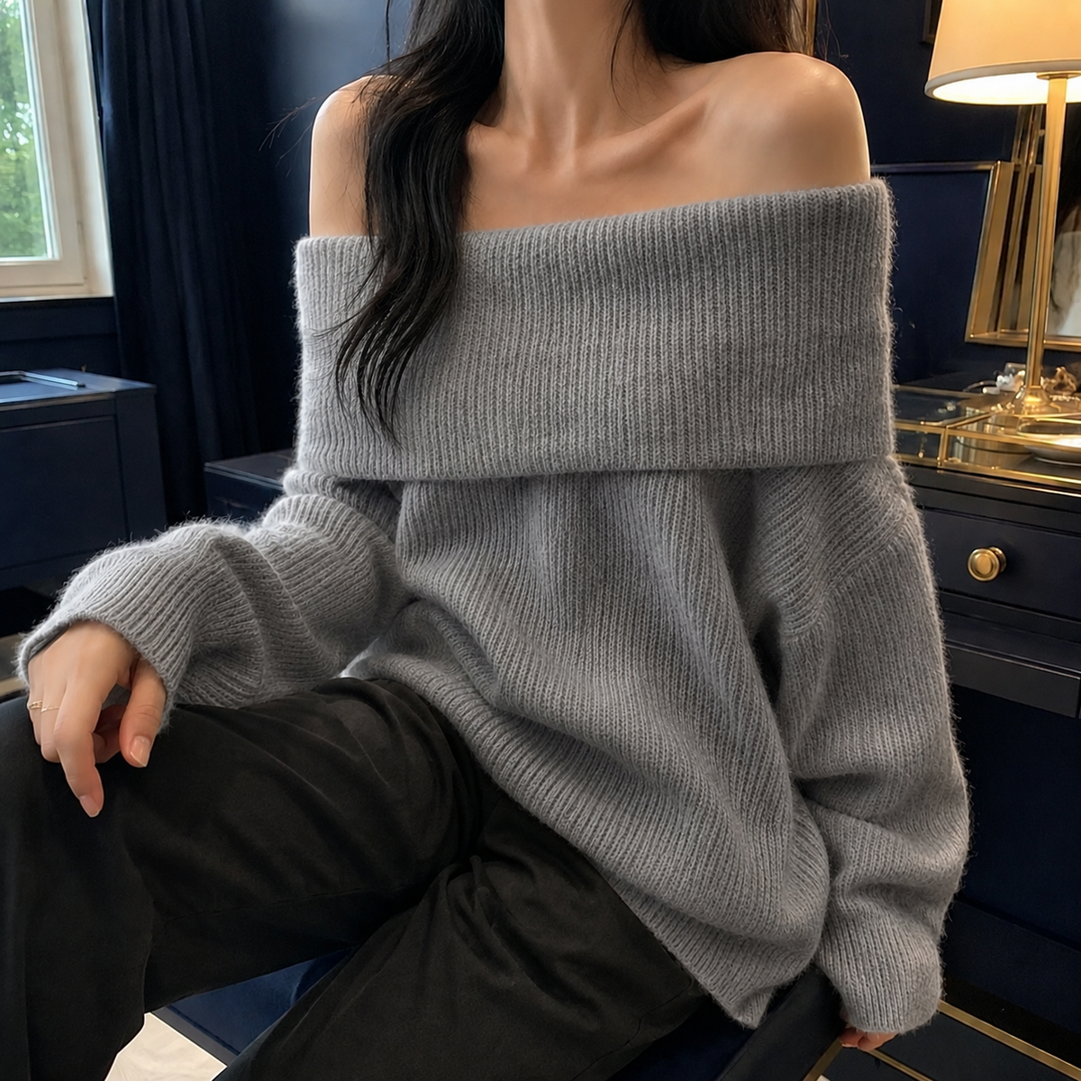 Damen Off-Shoulder Pullover Oversize mit Ballonärmeln