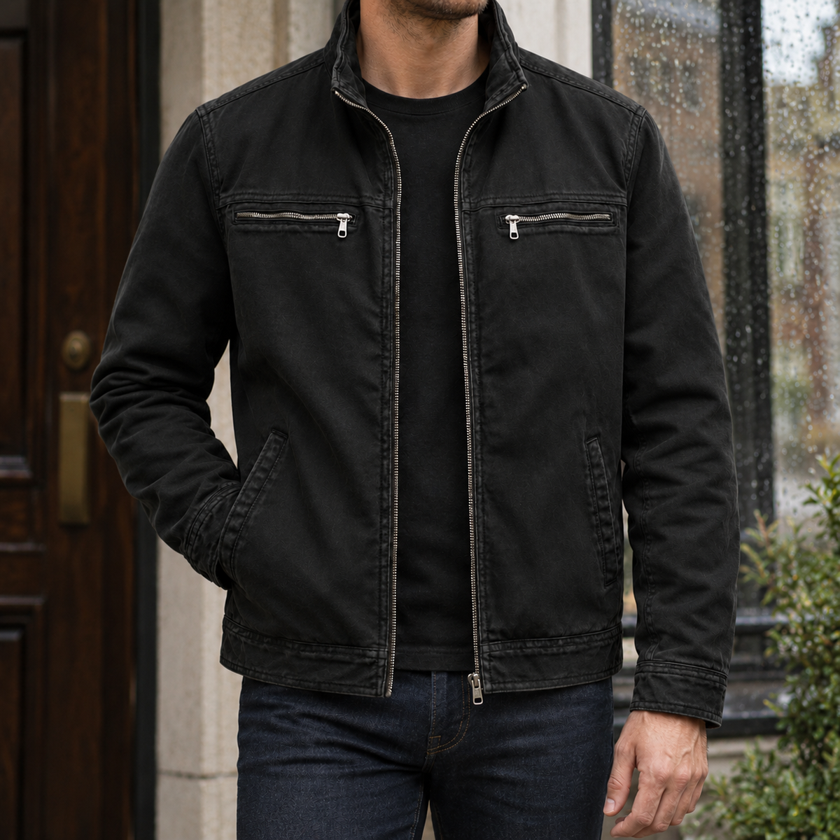 Herren Jacke Relaxed Fit Freizeit mit Stehkragen und Reißverschluss