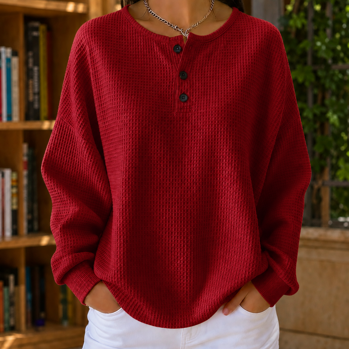 Damen Waffelpullover Oversize mit Henley-Ausschnitt