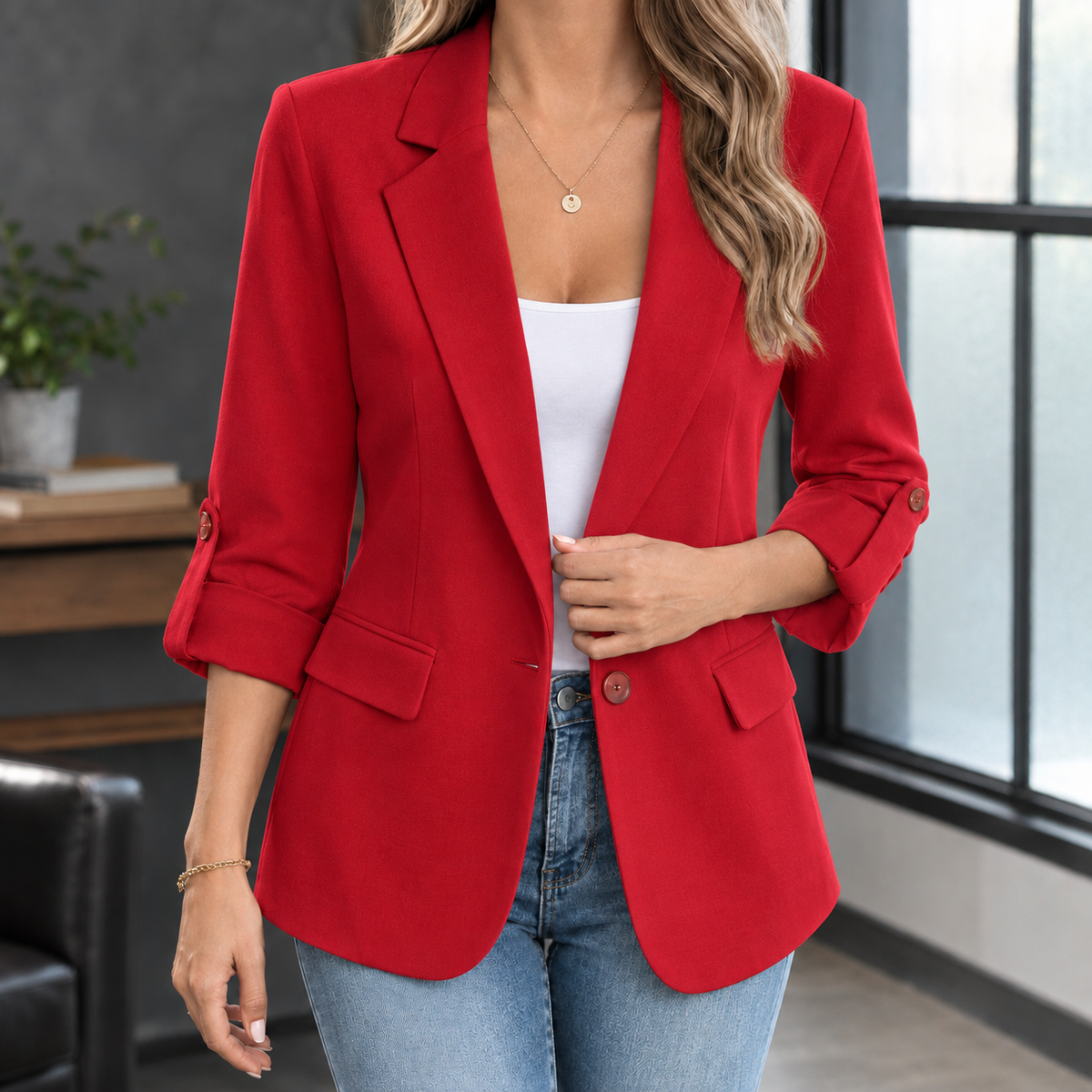 Damen Slim Fit Blazer Business mit gerafften Dreiviertelärmeln