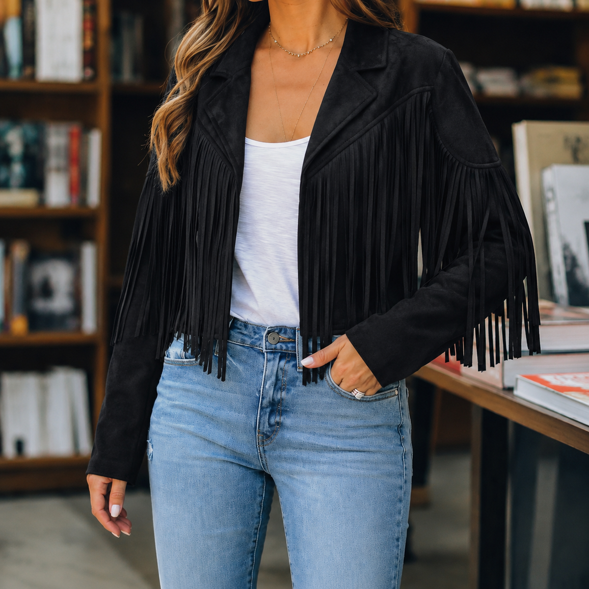 Damen Fransenjacke Regular Fit Casual mit Reverskragen