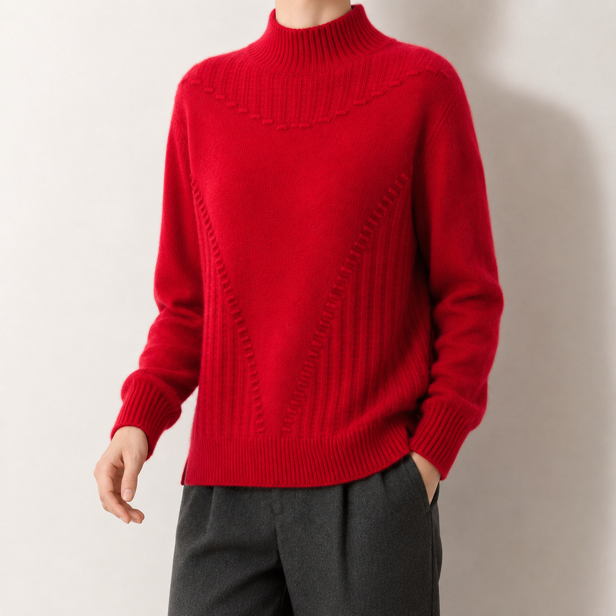 Damen Strickpullover Regular Fit mit Mock-Neck und Kettenstich-Muster