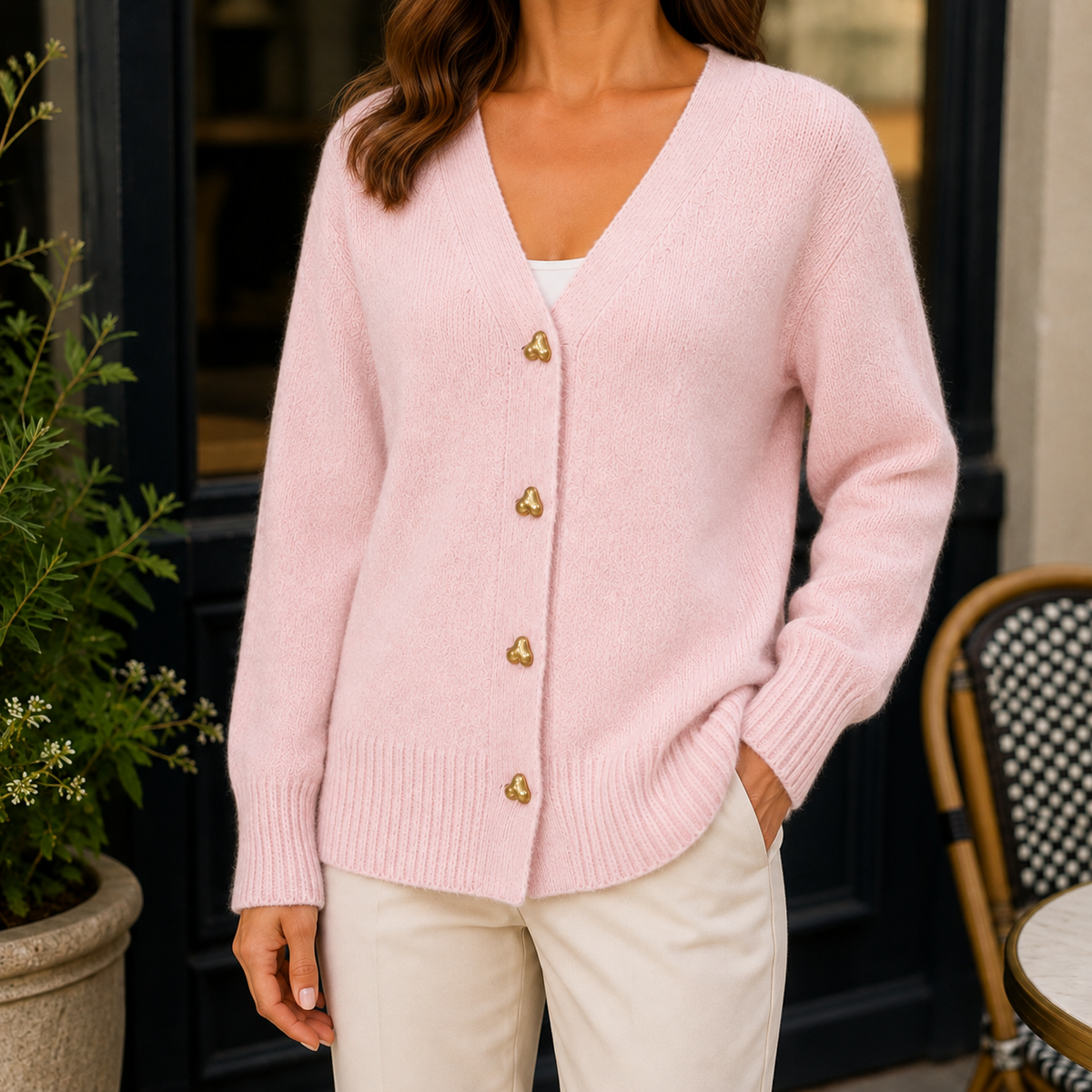 Damen Pullover Relaxed Fit mit herzförmigen Knöpfen und V-Ausschnitt