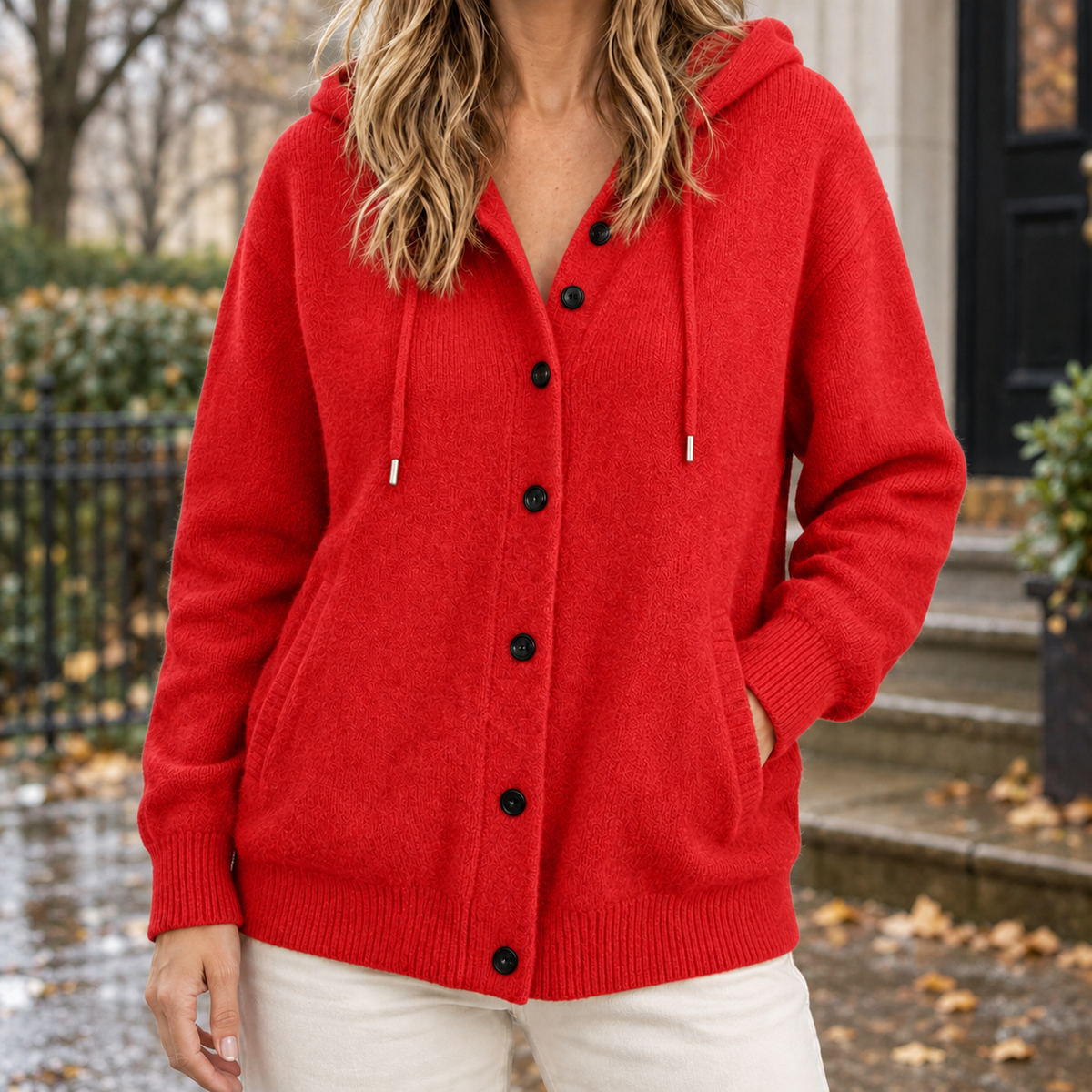 Damen Kapuzen-Cardigan Relaxed Fit Casual mit Knopfleiste