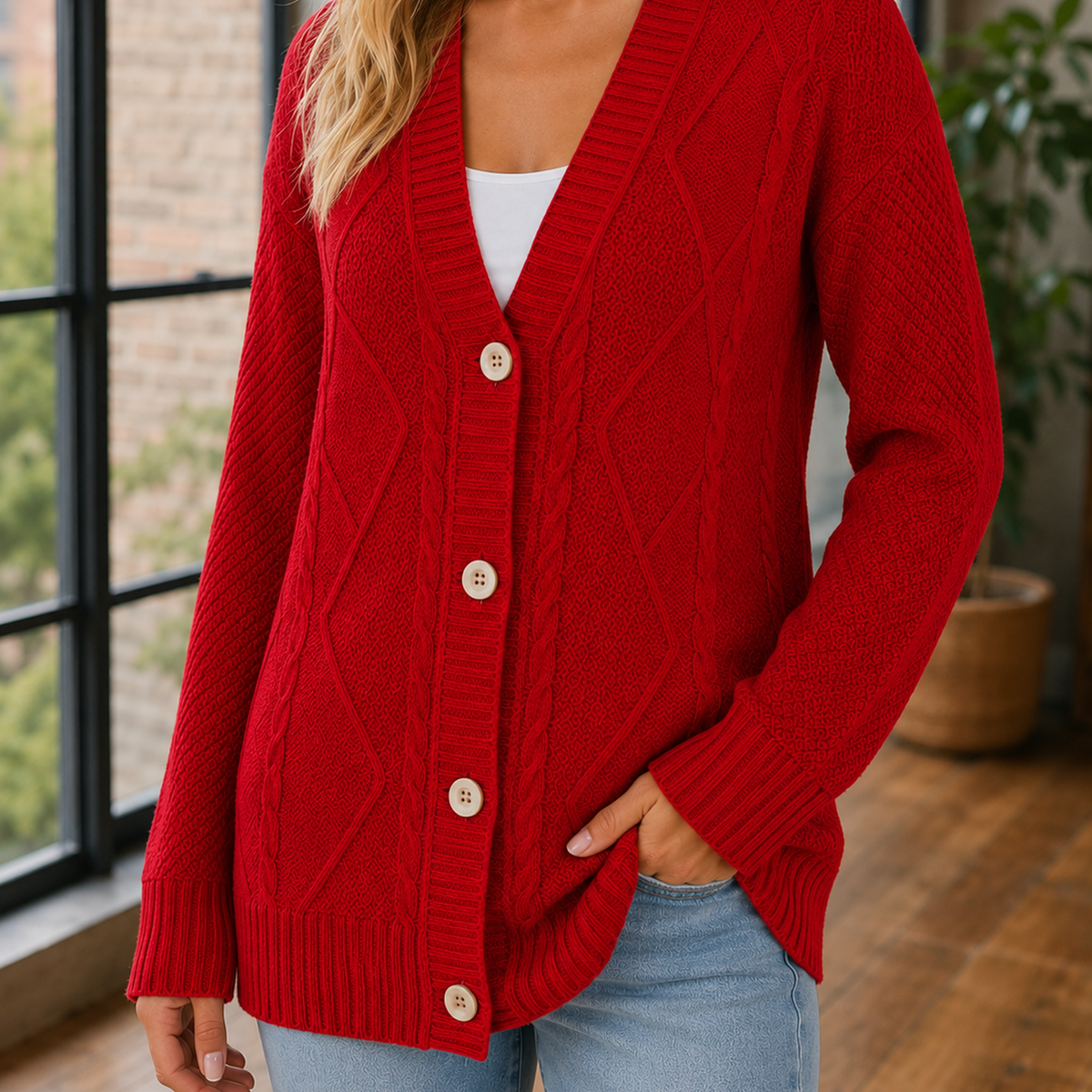 Damen Kabelstrickpullover Oversize mit V-Ausschnitt und Knopfleiste