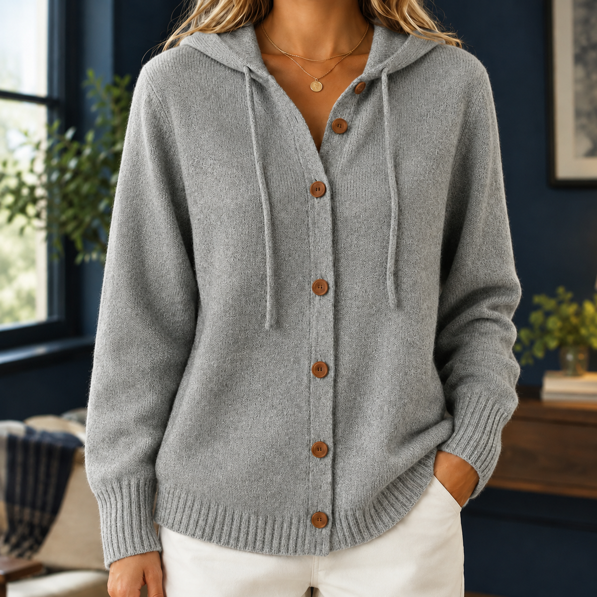 Damen Kapuzen-Cardigan Relaxed Fit mit Knopfverschluss