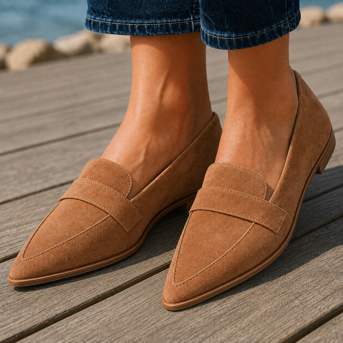 Damen Slipper Spitz mit Penny-Riemen und niedrigem Absatz