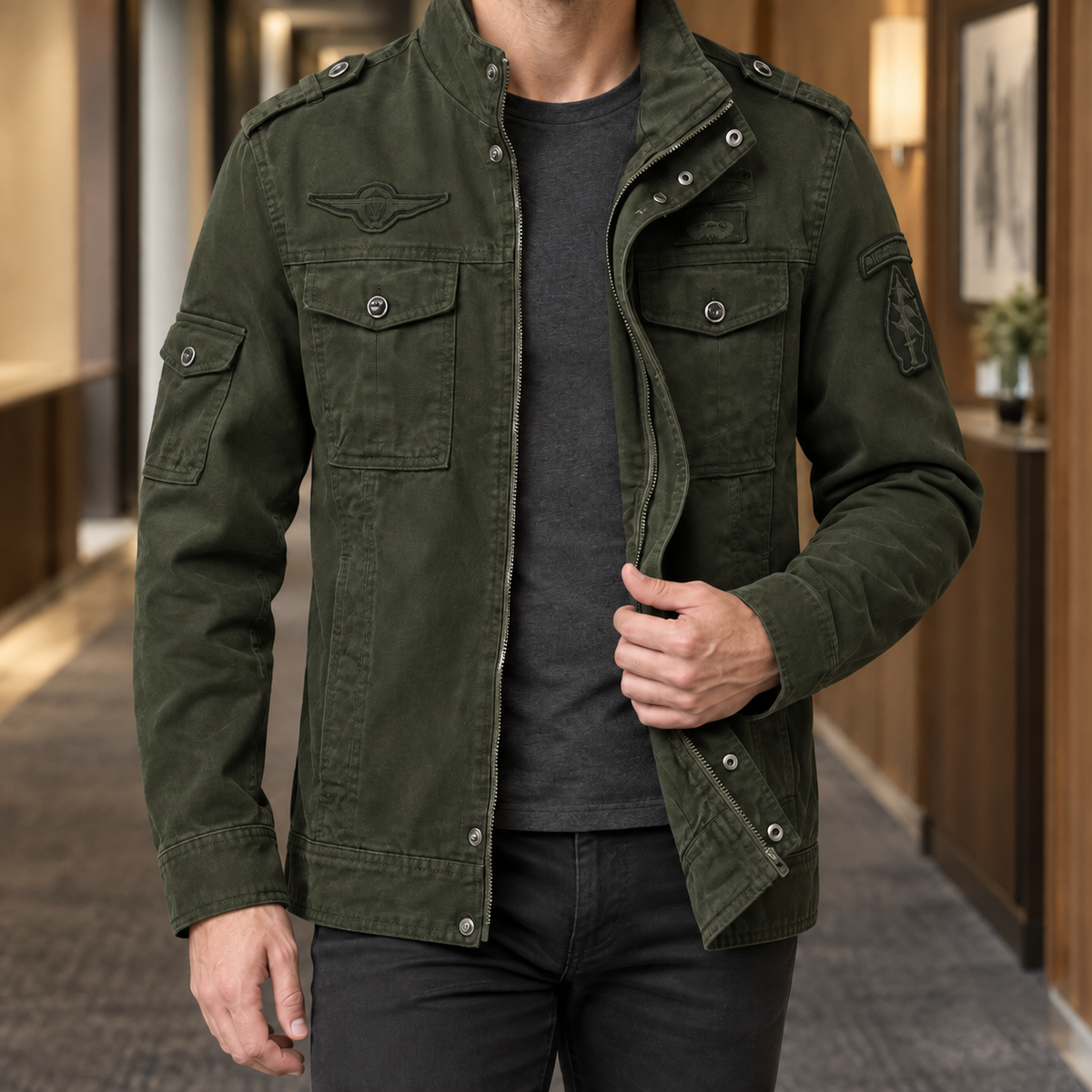 Herren Militärjacke Regular Fit Freizeit Utility-Look