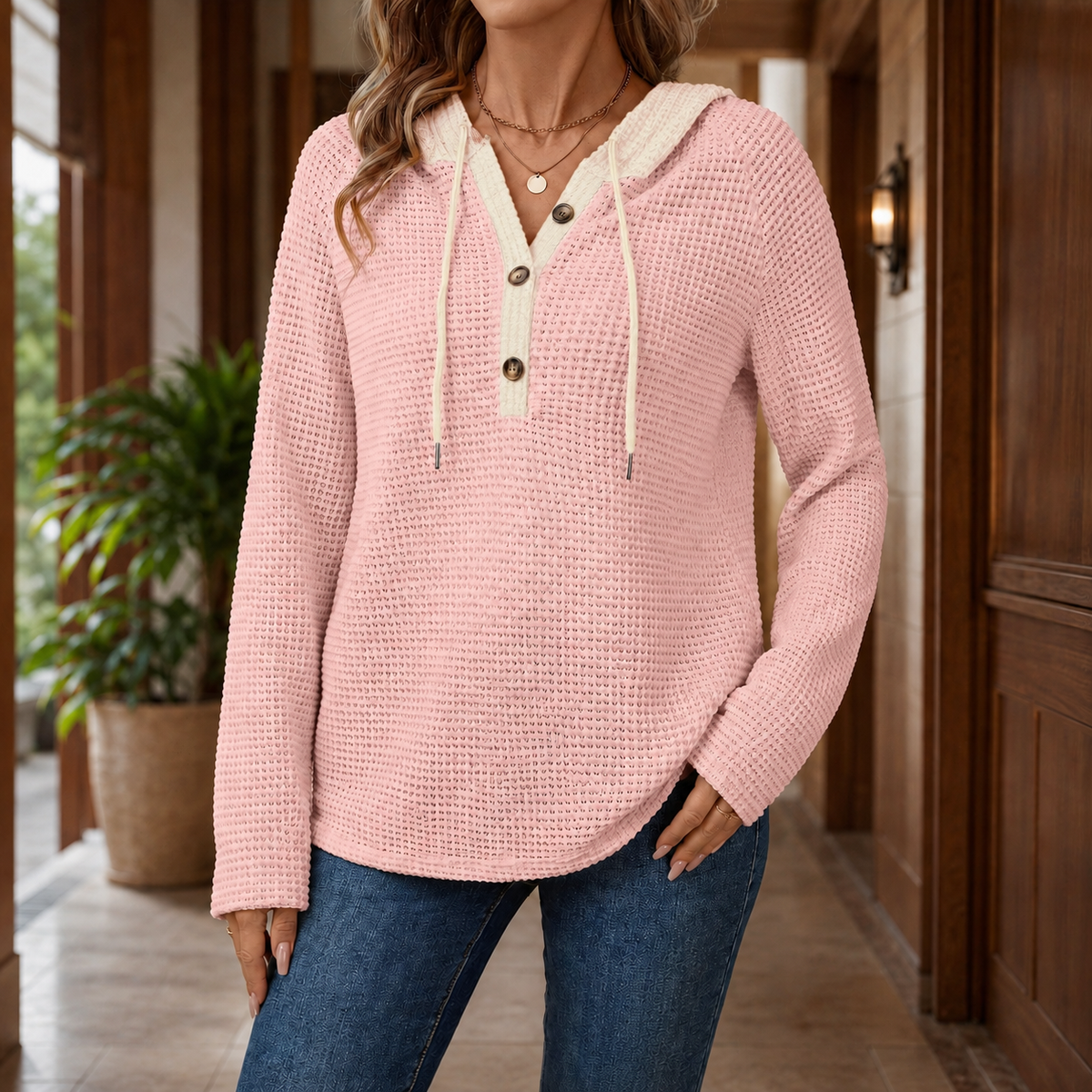 Damen Waffelstrickpullover Relaxed Fit mit Kapuze und Knopfleiste