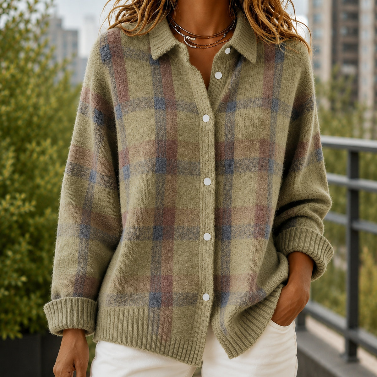 Damen Karo-Pullover Relaxed Fit mit Spitzkragen und Knopfleiste