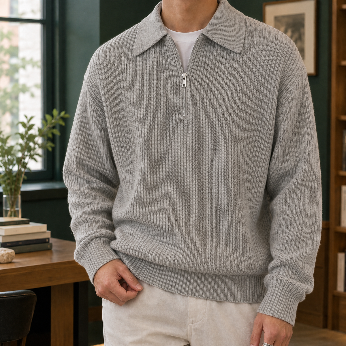 Herren Quarter Zip Pullover Relaxed Fit Freizeit